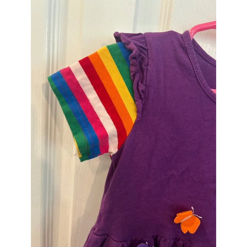 Butterfly Applique Dress Purple Rainbow Stripe‎ Ruffle Pocket 5-6Y